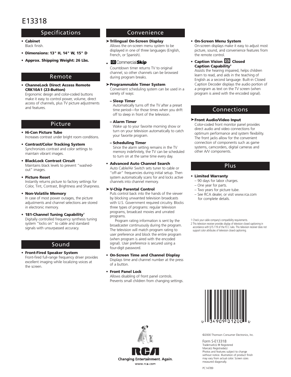 Specifications, Remote, Picture | Sound, Convenience, Connections, Plus | RCA E13318 User Manual | Page 2 / 2