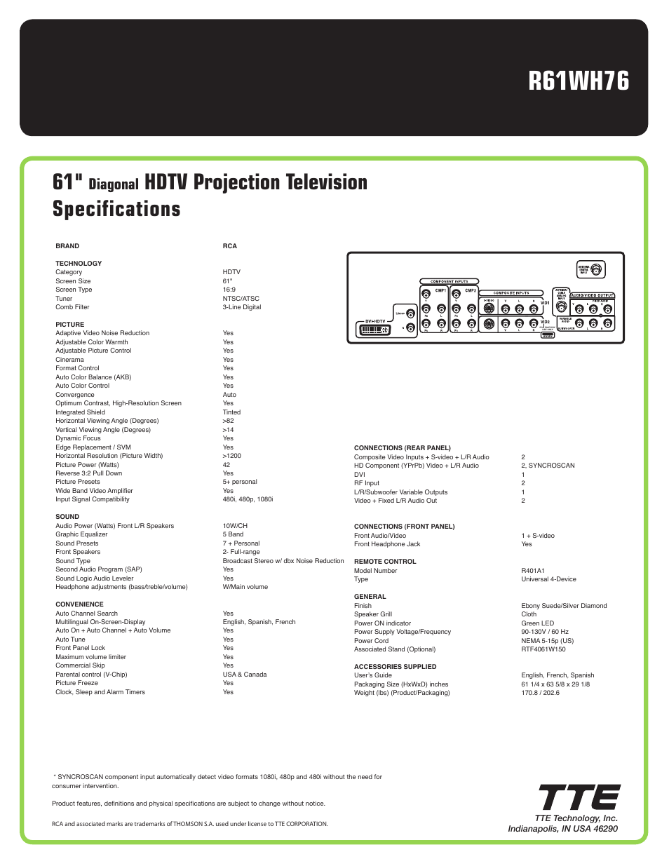 R61wh76, Hdtv projection television specifications, Diagonal | RCA R61WH76 User Manual | Page 2 / 2