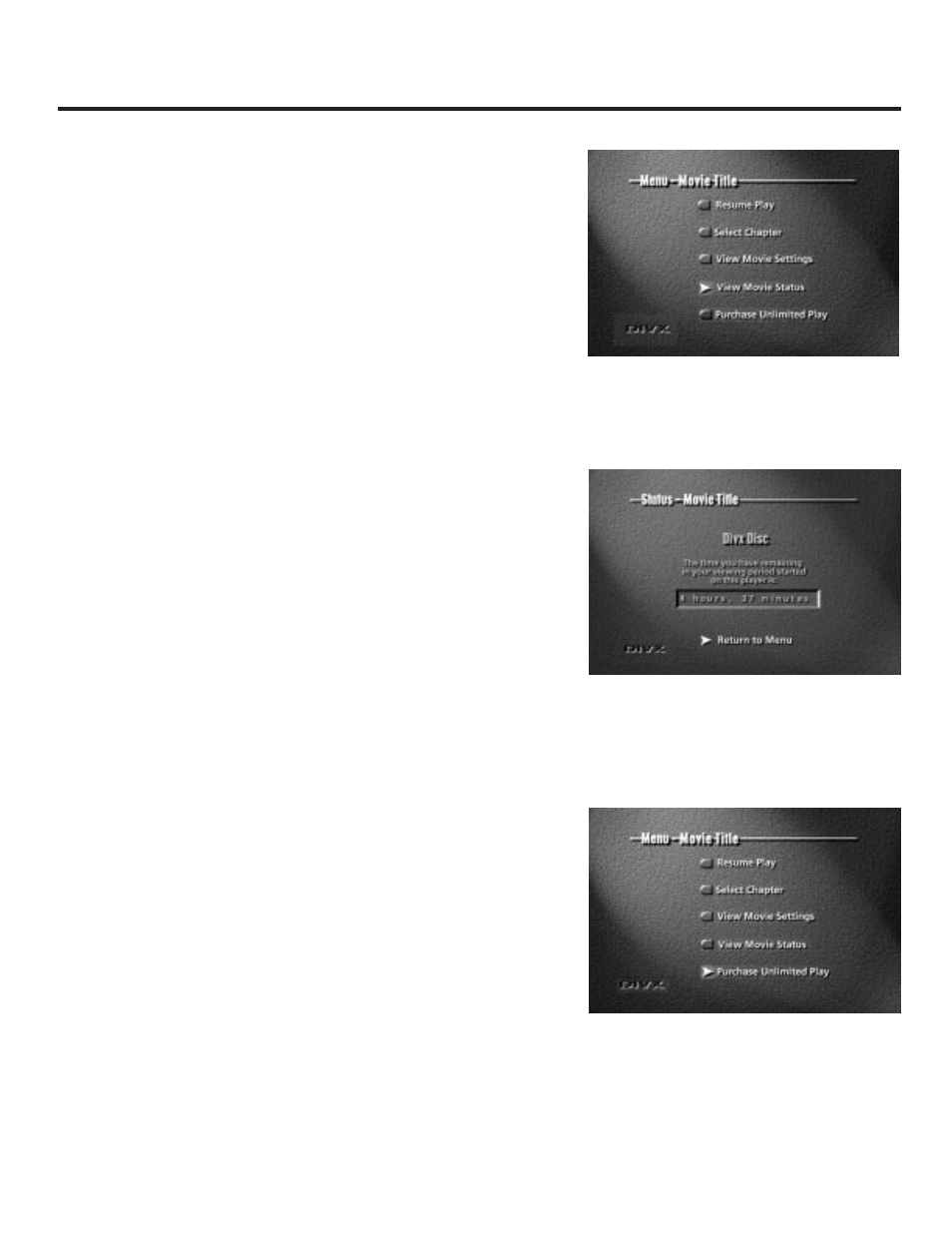 View movie status, Divxsilver (purchase unlimited play), All about divx | RCA RC5231Z User Manual | Page 36 / 96