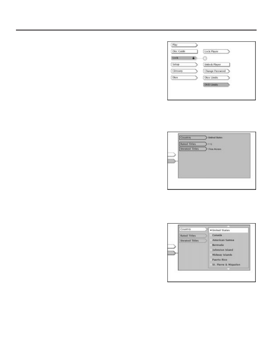 How to set divx limits, Setting the rating limit, How to set dvd limits | Using the features in the menu system | RCA RC5231Z User Manual | Page 54 / 96