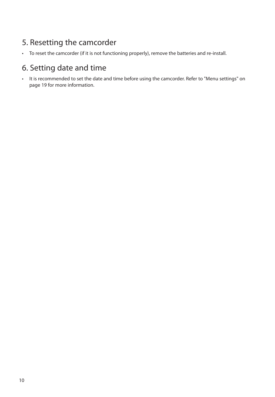 Resetting the camcorder, Setting date and time | RCA EZ1000 User Manual | Page 11 / 29