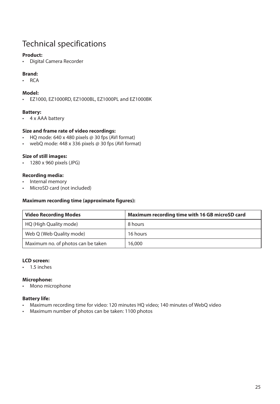 Technical specifications | RCA EZ1000 User Manual | Page 26 / 29