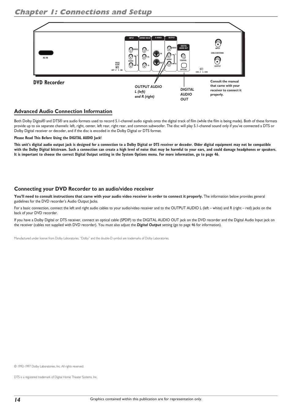 Chapter 1: connections and setup, Dvd recorder, Advanced audio connection information | RCA DRC8040N User Manual | Page 16 / 64