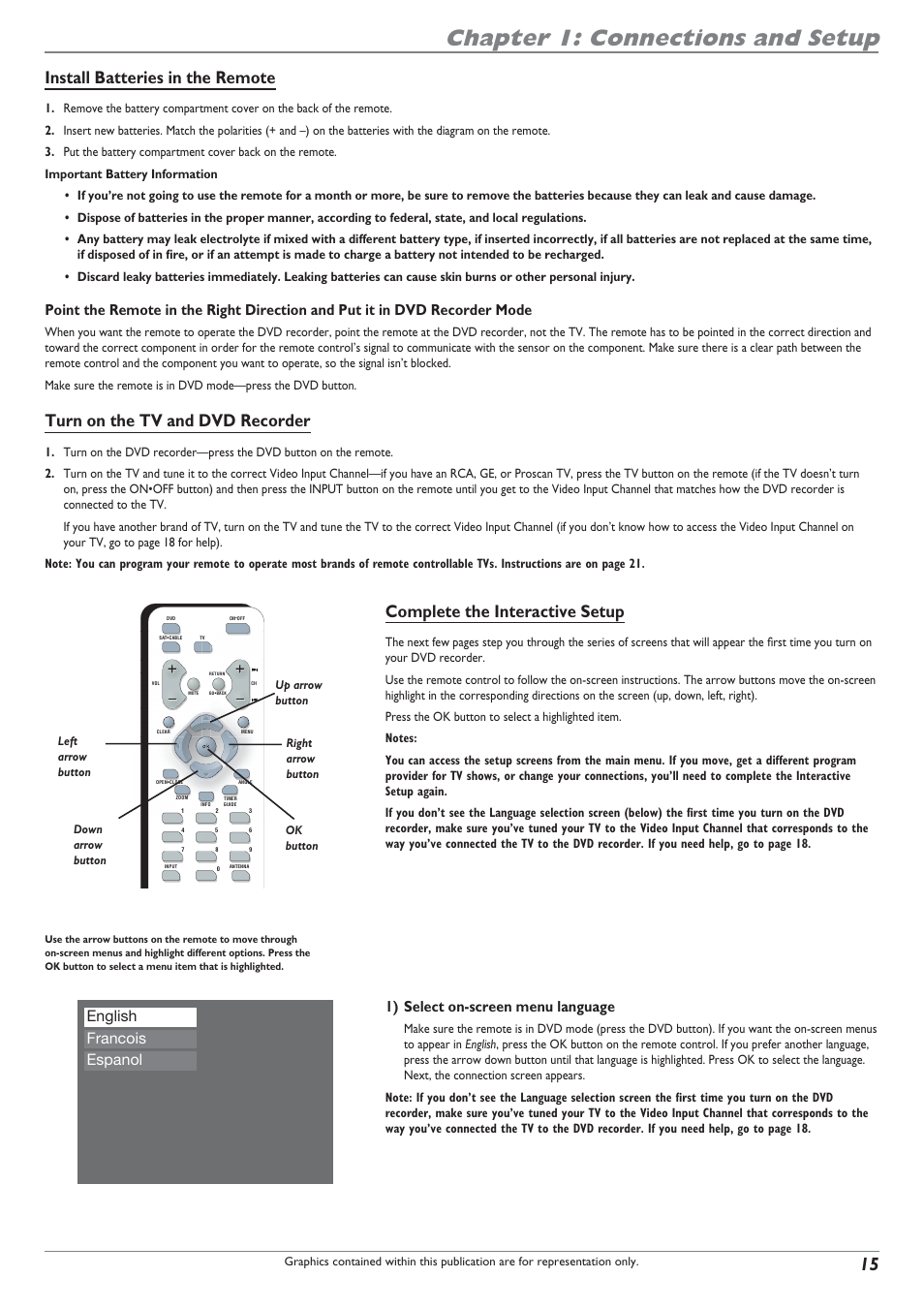 Chapter 1: connections and setup, Install batteries in the remote, Turn on the tv and dvd recorder | Complete the interactive setup, 1) select on-screen menu language, English francois espanol | RCA DRC8040N User Manual | Page 17 / 64