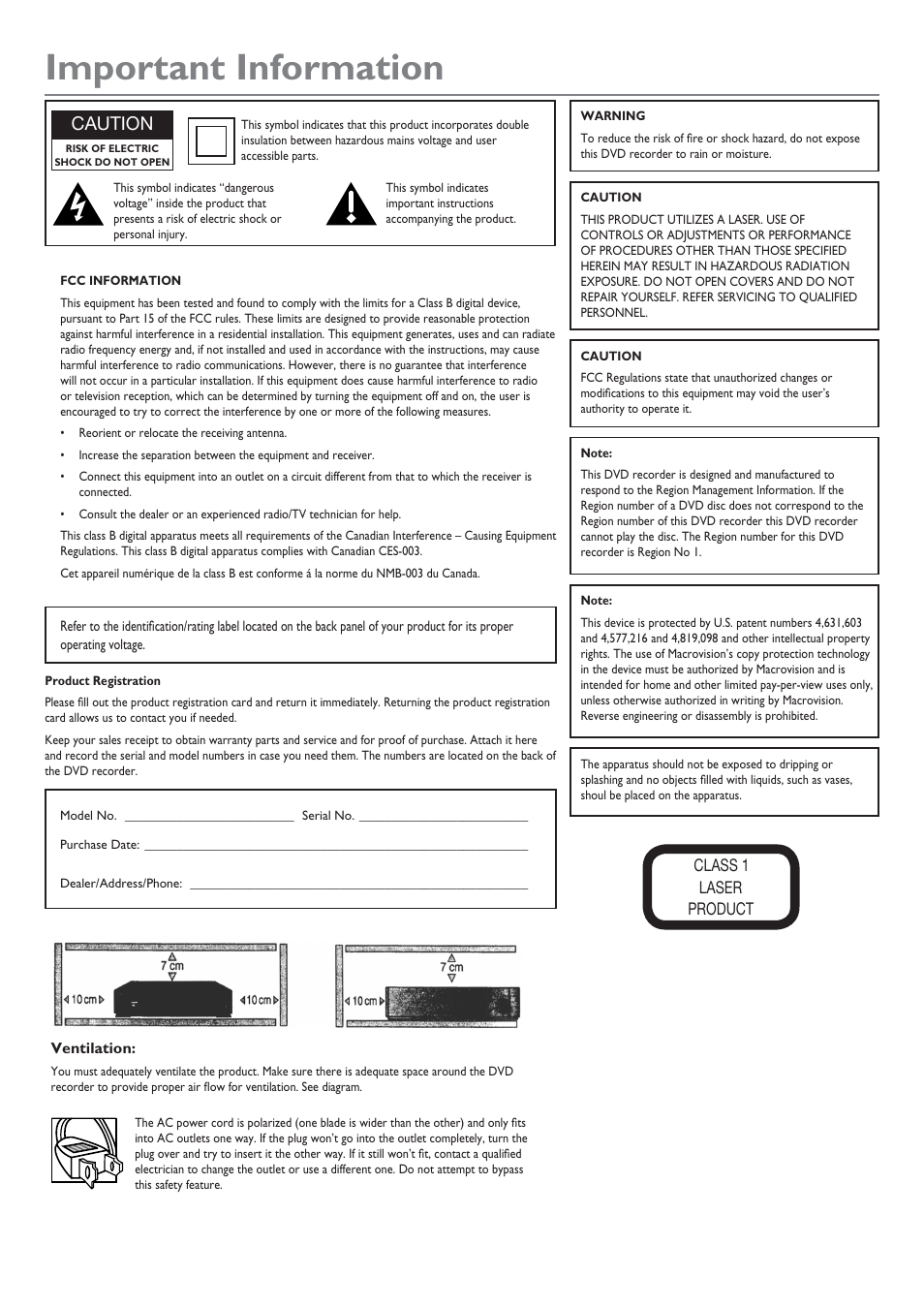 Important information, Caution | RCA DRC8040N User Manual | Page 2 / 64