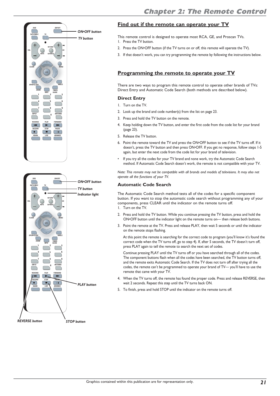 Chapter 2: the remote control, Find out if the remote can operate your tv, Programming the remote to operate your tv | Direct entry, Automatic code search, Tv button | RCA DRC8040N User Manual | Page 23 / 64