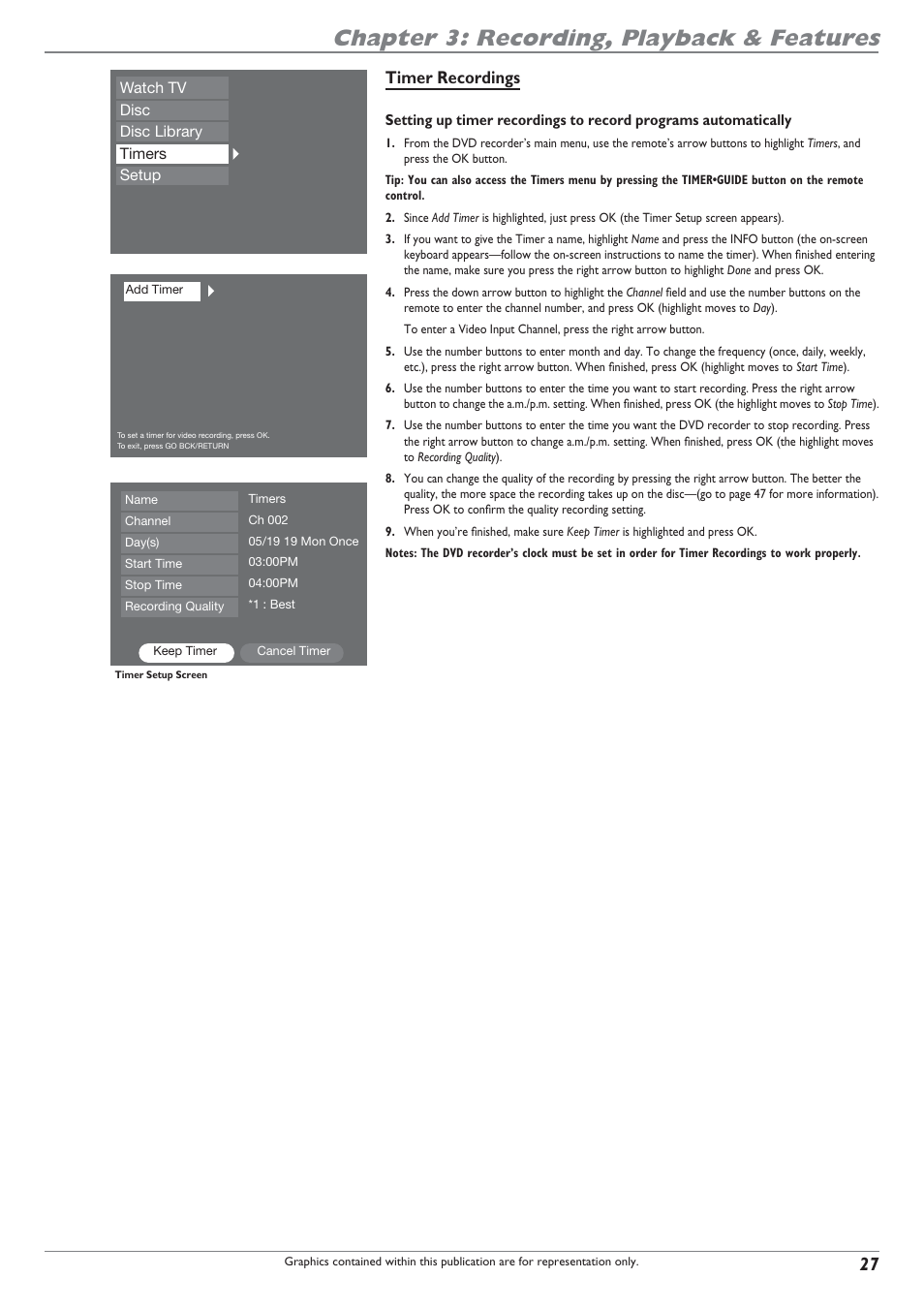 Chapter 3: recording, playback & features, Timer recordings | RCA DRC8040N User Manual | Page 29 / 64