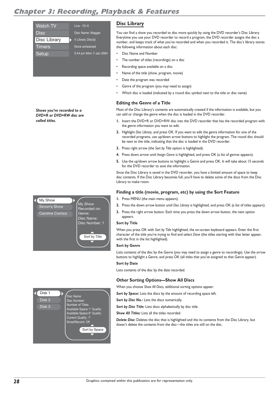 Chapter 3: recording, playback & features, Disc library | RCA DRC8040N User Manual | Page 30 / 64