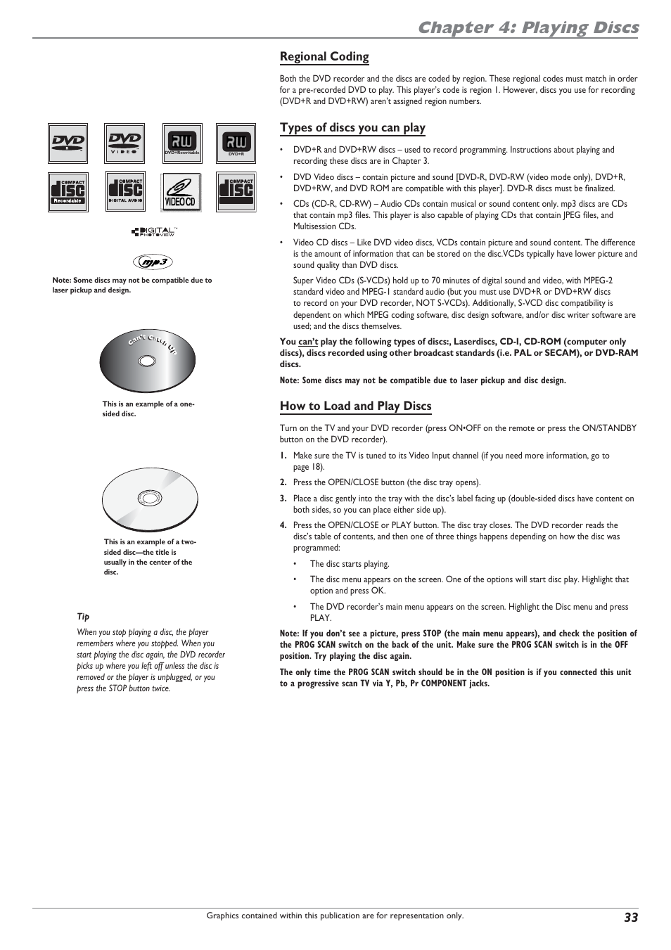 Chapter 4: playing discs, Regional coding, Types of discs you can play | How to load and play discs | RCA DRC8040N User Manual | Page 35 / 64