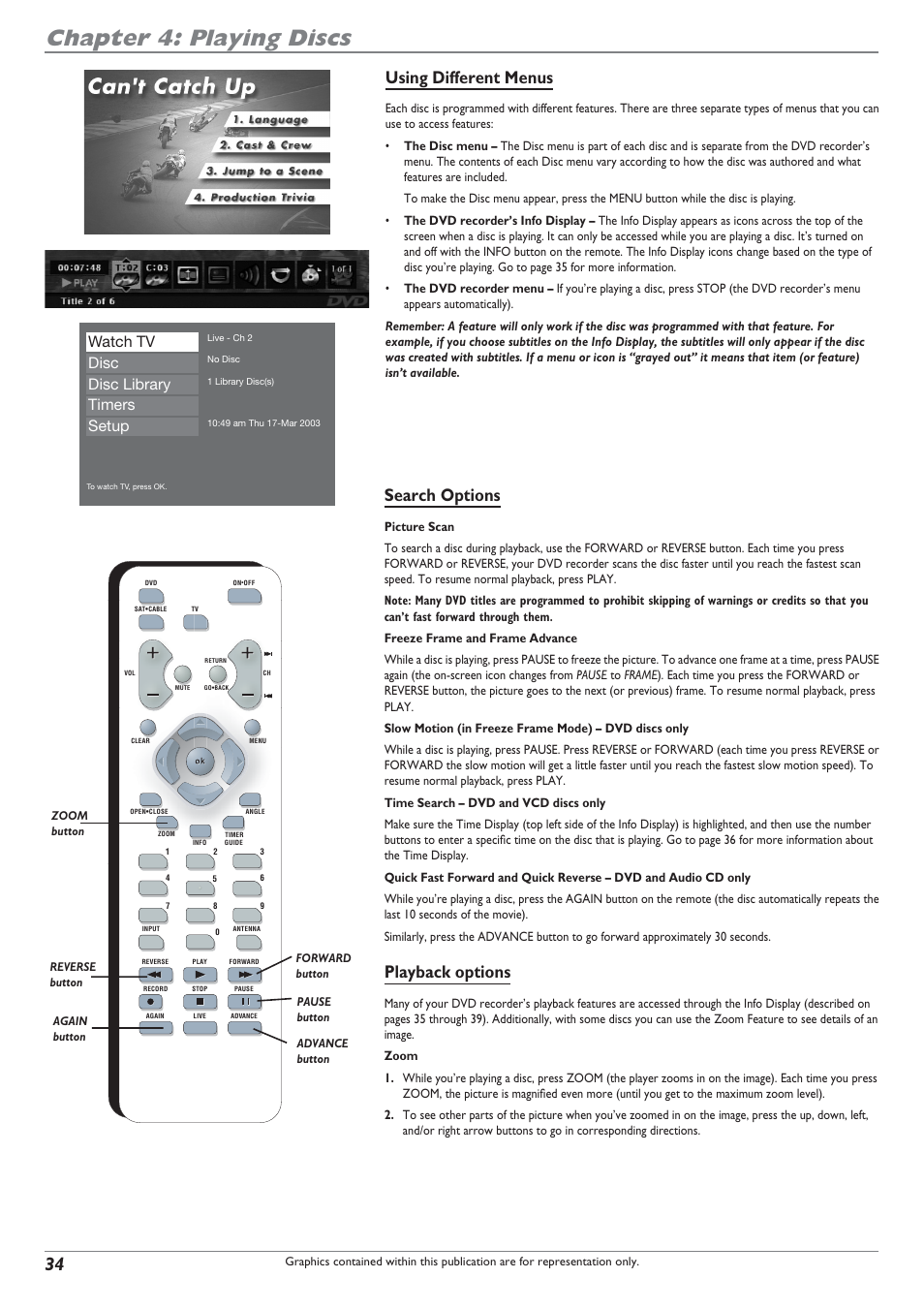 Chapter 4: playing discs, Using different menus, Search options | Playback options, Watch tv disc disc library timers setup | RCA DRC8040N User Manual | Page 36 / 64