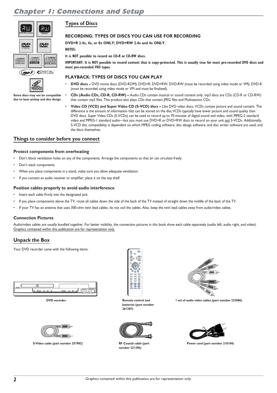 Chapter 1: connections and setup, Types of discs, Things to consider before you connect | Unpack the box, Playback: types of discs you can play, Protect components from overheating, Connection pictures | RCA DRC8040N User Manual | Page 4 / 64
