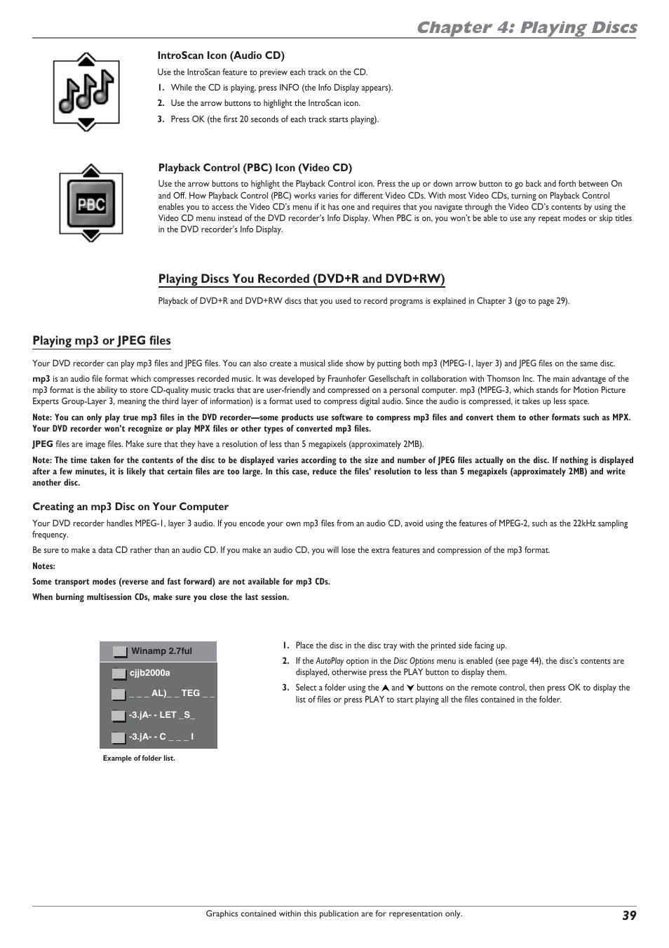 Chapter 4: playing discs, Playing mp3 or jpeg fi les, Playing discs you recorded (dvd+r and dvd+rw) | RCA DRC8040N User Manual | Page 41 / 64