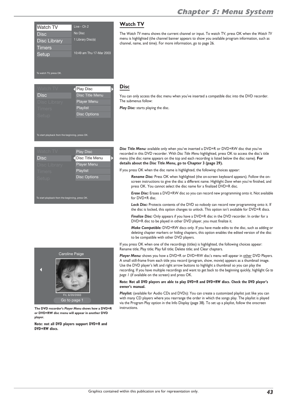 Chapter 5: menu system, Watch tv, Disc | RCA DRC8040N User Manual | Page 45 / 64