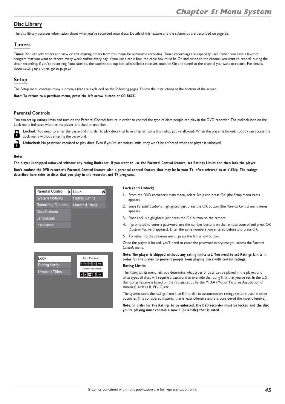 Chapter 5: menu system, Disc library, Timers | Setup | RCA DRC8040N User Manual | Page 47 / 64