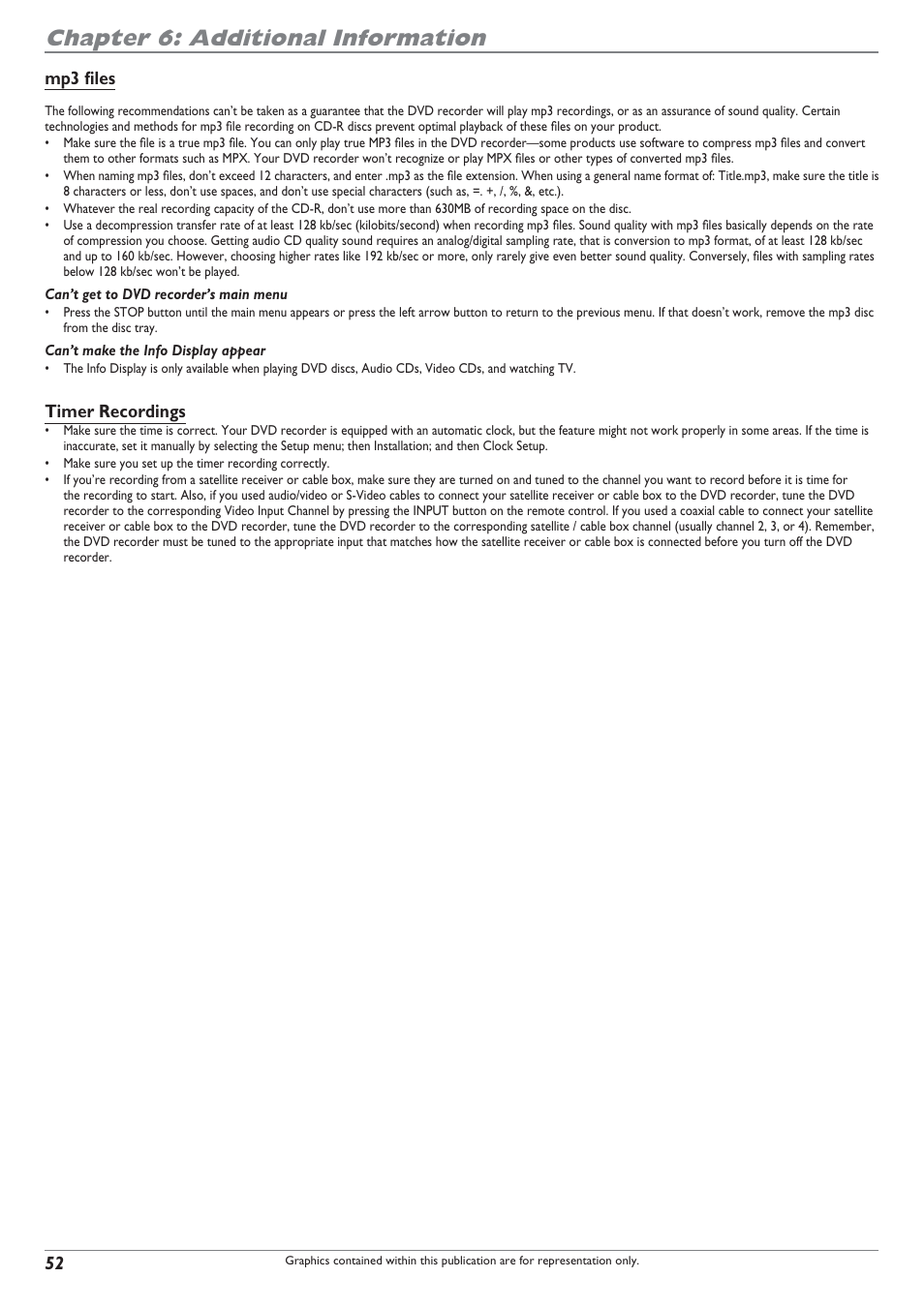 Chapter 6: additional information, Mp3 fi les, Timer recordings | RCA DRC8040N User Manual | Page 54 / 64
