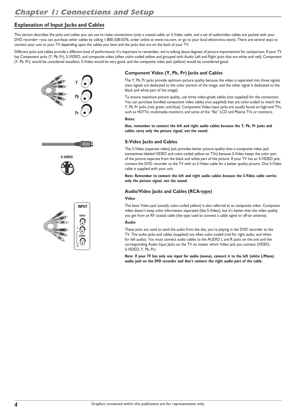 Chapter 1: connections and setup, Explanation of input jacks and cables | RCA DRC8040N User Manual | Page 6 / 64