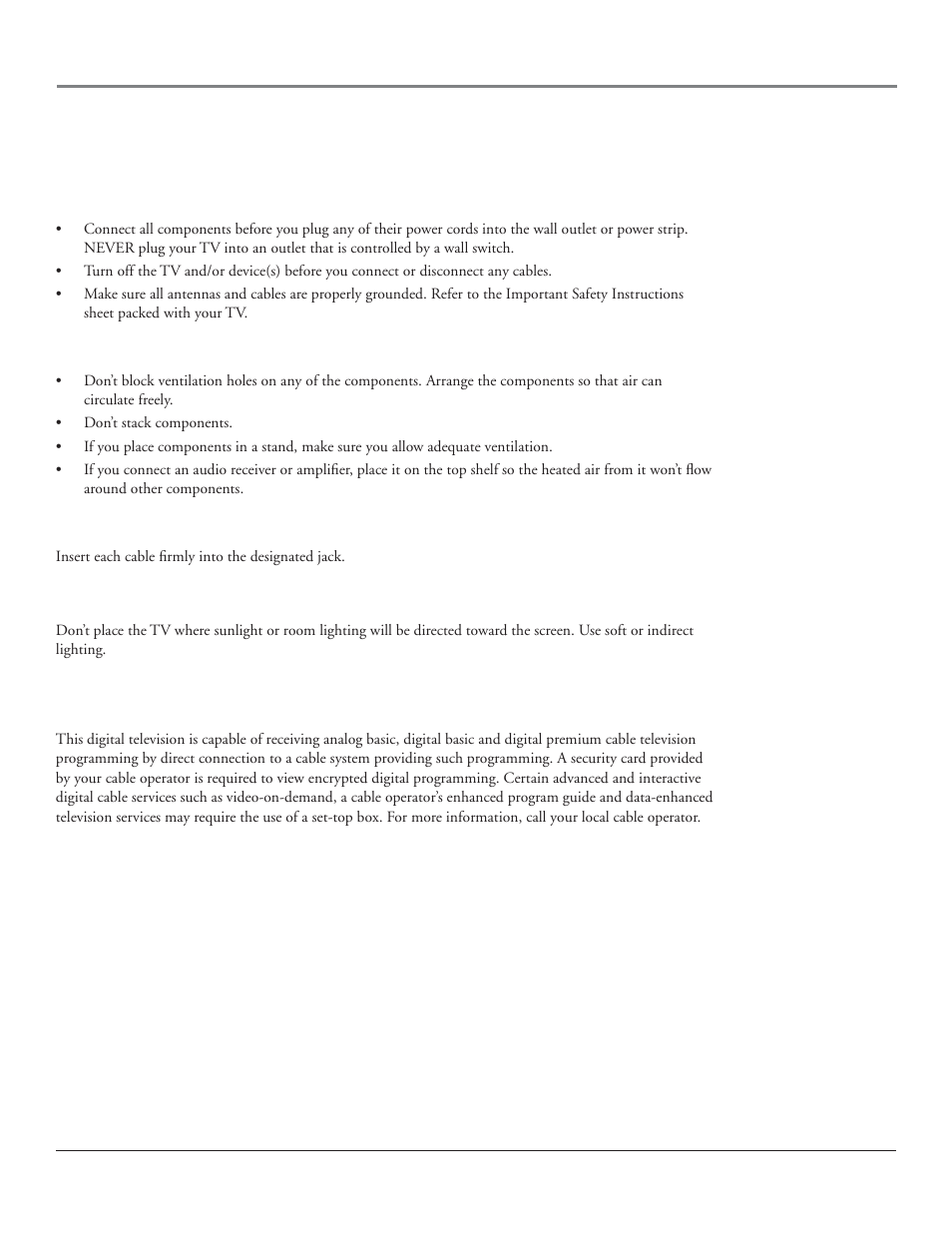 Connections & setup, Things to consider before you connect, Protect against power surges | Protect components from overheating, Use indirect light, Fcc statement | RCA HDLP50 User Manual | Page 10 / 80