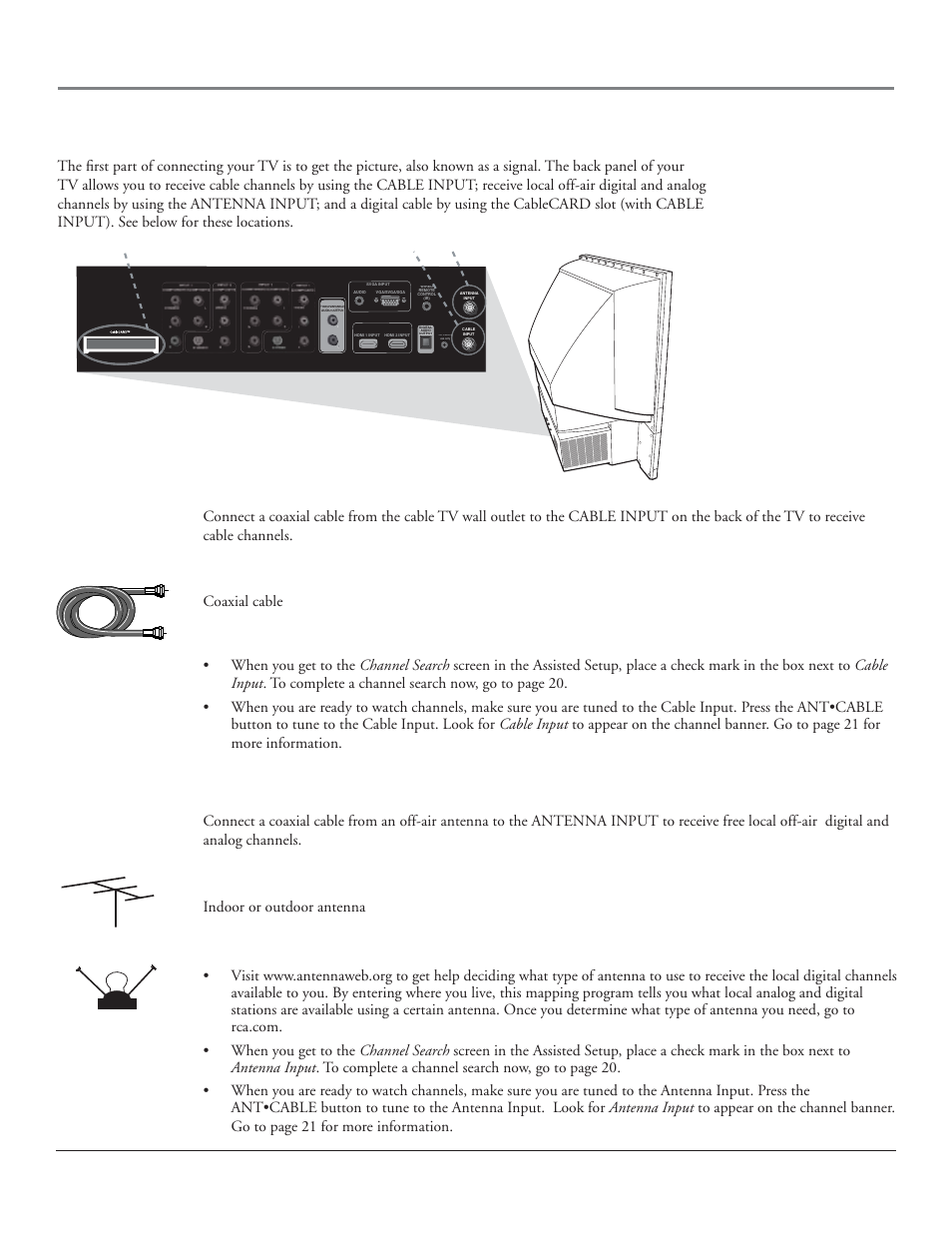 Connections & setup, Get the picture, Getting cable channels | Getting digital channels, Chapter 1 9, What you need, What you need to know, Coaxial cable, Indoor or outdoor antenna | RCA HDLP50 User Manual | Page 11 / 80