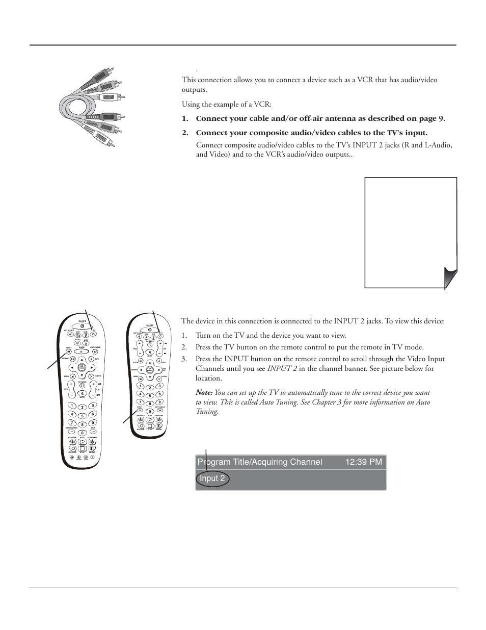 Connections & setup, Chapter 1 15, Connecting the device | Viewing the picture from the connected device, 39 pm program title/acquiring channel input 2, White red yellow | RCA HDLP50 User Manual | Page 17 / 80