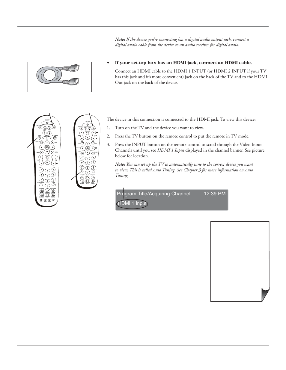 Connections & setup, Chapter 1 17, Viewing the picture from the connected device | 39 pm program title/acquiring channel hdmi 1 input, Input button, Input button tv button | RCA HDLP50 User Manual | Page 19 / 80