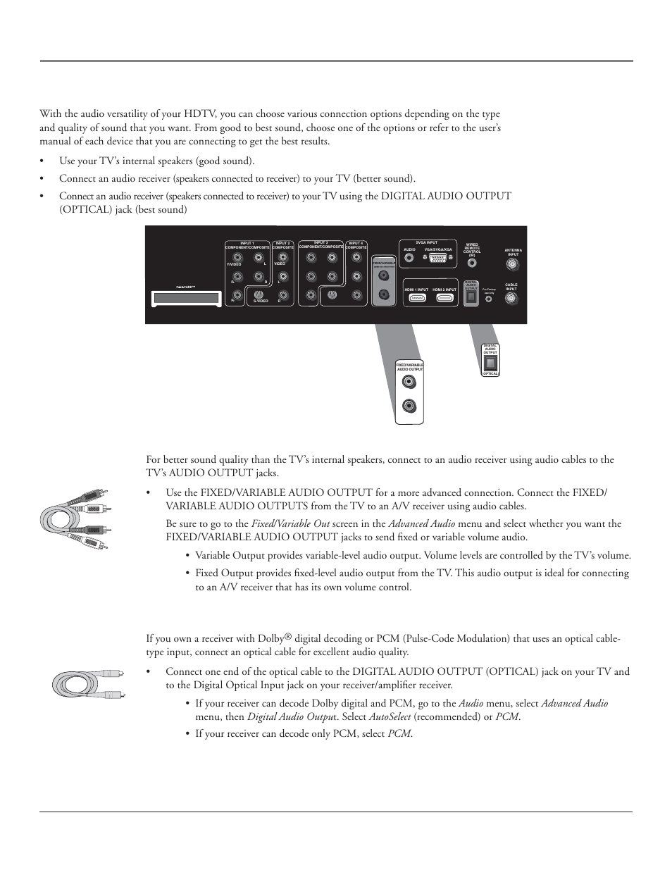 Connections & setup, Advanced audio connection information, 18 chapter 1 | Connecting your tv to an audio/video receiver, Connecting your tv to a receiver with dolby, Digital, If you own a receiver with dolby | RCA HDLP50 User Manual | Page 20 / 80