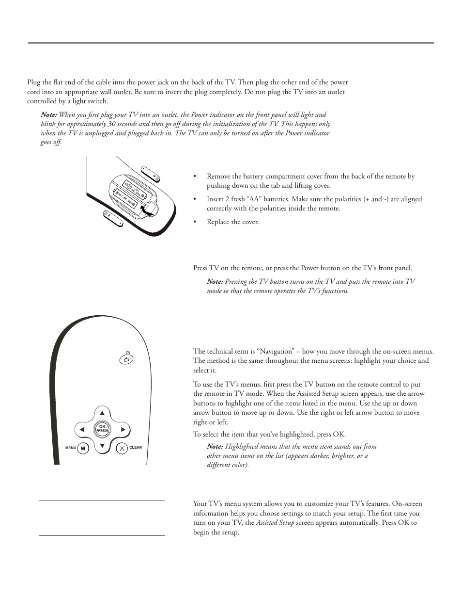 Connections & setup, Plug in the tv, Put batteries in the remote | Turn on the tv, Complete the assisted setup | RCA HDLP50 User Manual | Page 21 / 80