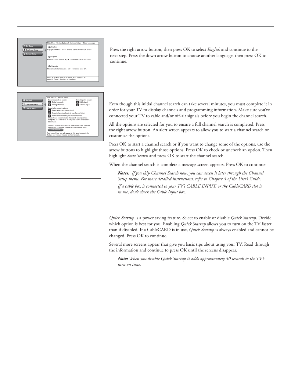 Connections & setup, Set the menu language, Complete the channel search | Choose setup options, 20 chapter 1 | RCA HDLP50 User Manual | Page 22 / 80