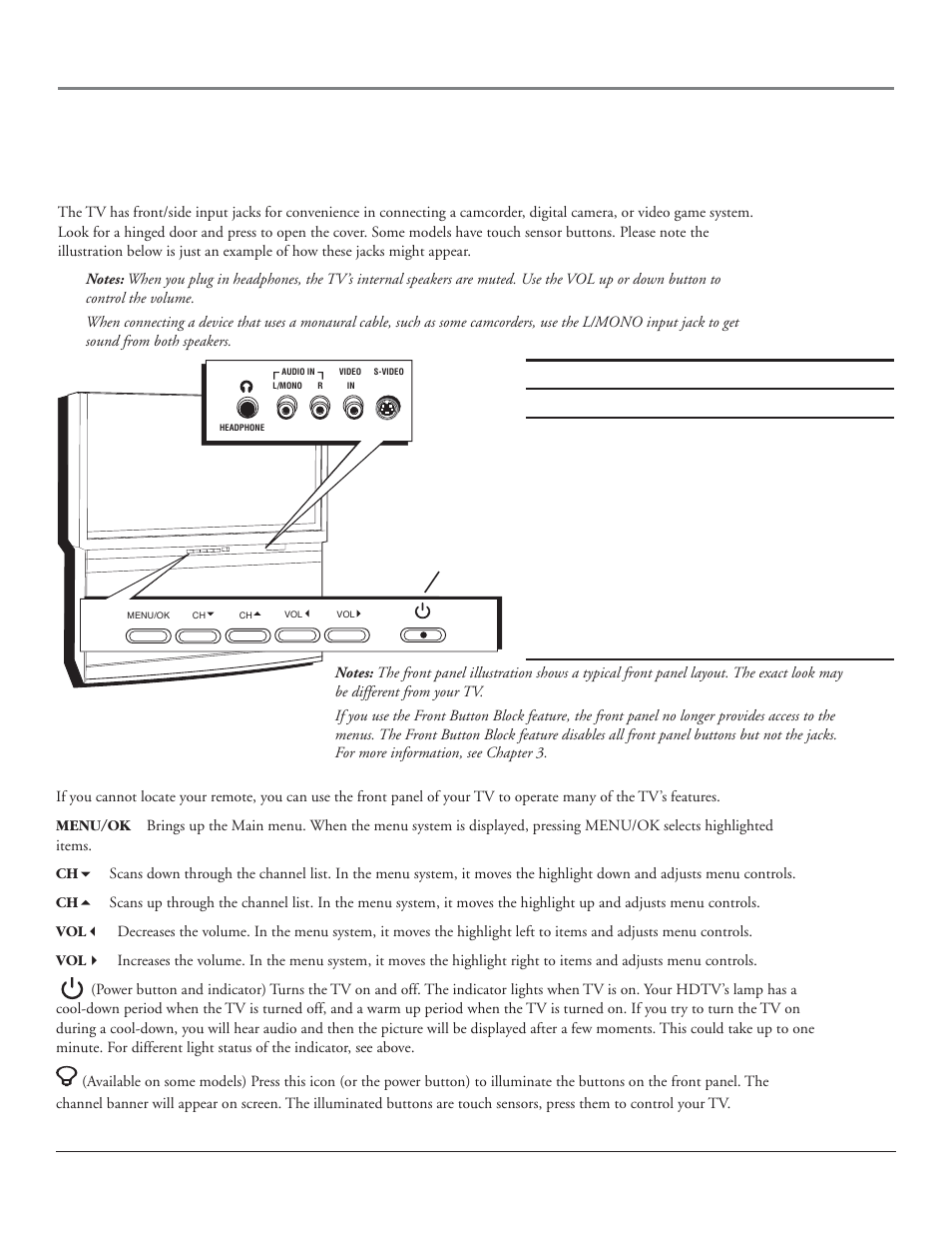 Connections & setup, The front of your tv, Front panel | Front/side input jacks, Chapter 1 25 | RCA HDLP50 User Manual | Page 27 / 80
