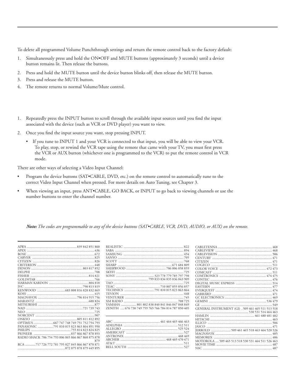 Using the remote control, Using the input button, Remote code list | Deleting all volume punchthrough commands | RCA HDLP50 User Manual | Page 35 / 80