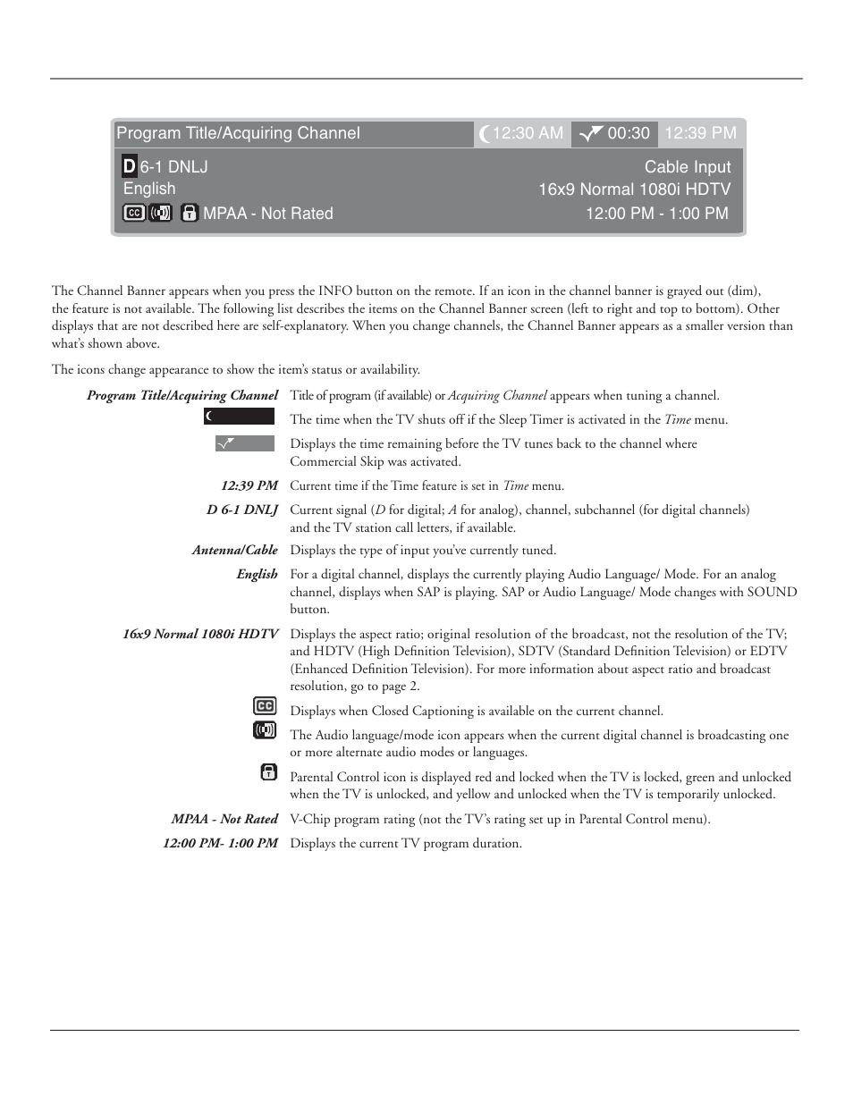 Using the tv’s features, About the channel banner | RCA HDLP50 User Manual | Page 40 / 80