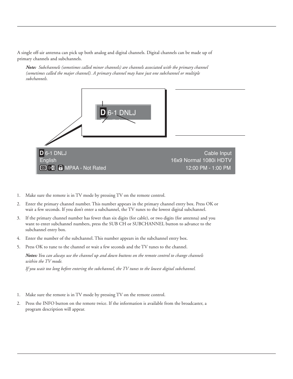 Using the tv’s features, Digital or analog tv channels, Eli h | 1 dnlj, Direct tuning to a channel, Getting a program description | RCA HDLP50 User Manual | Page 41 / 80