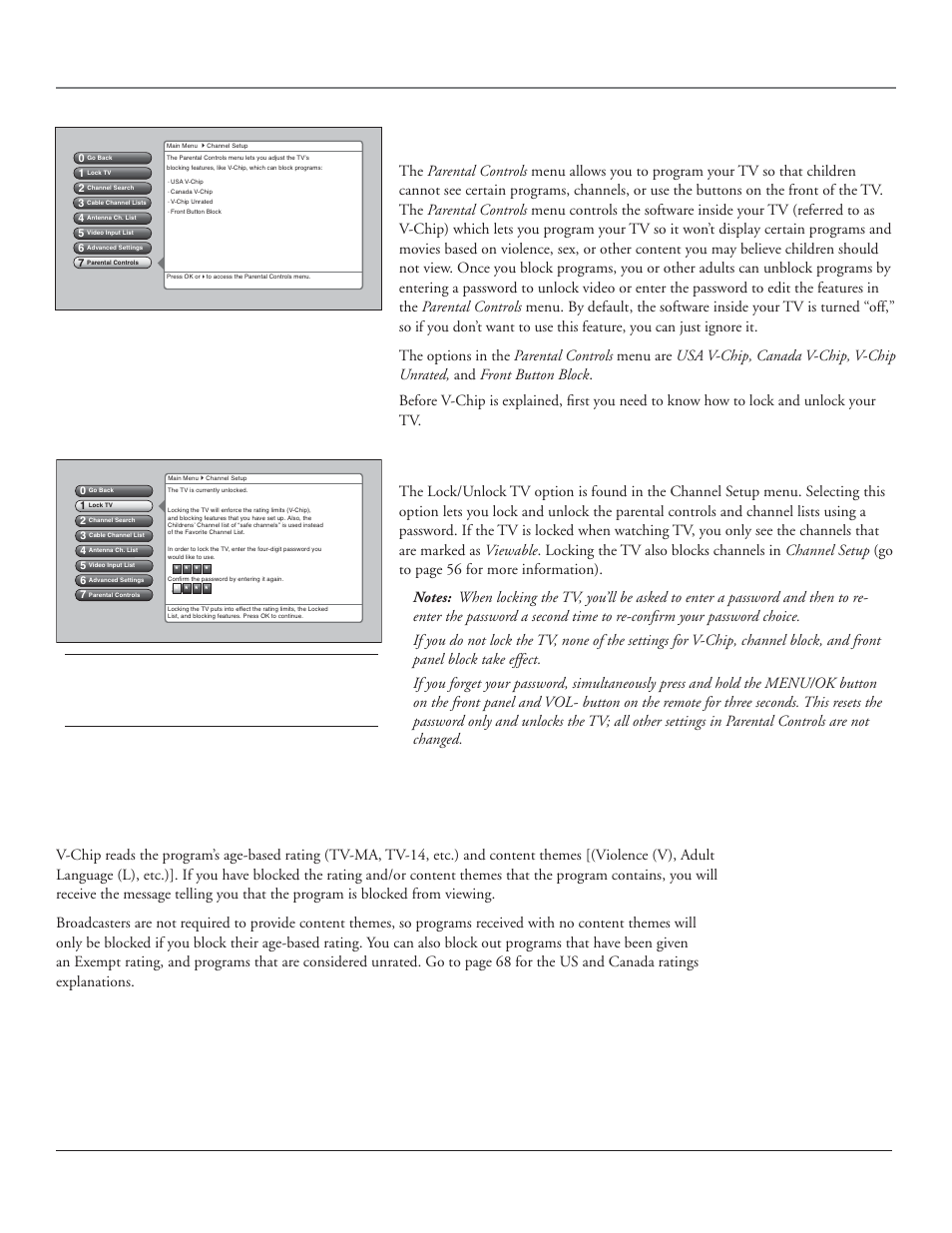 Using the tv’s features, Parental controls, How v-chip works for the usa and canada | Lock/unlock tv, 40 chapter 3 | RCA HDLP50 User Manual | Page 42 / 80