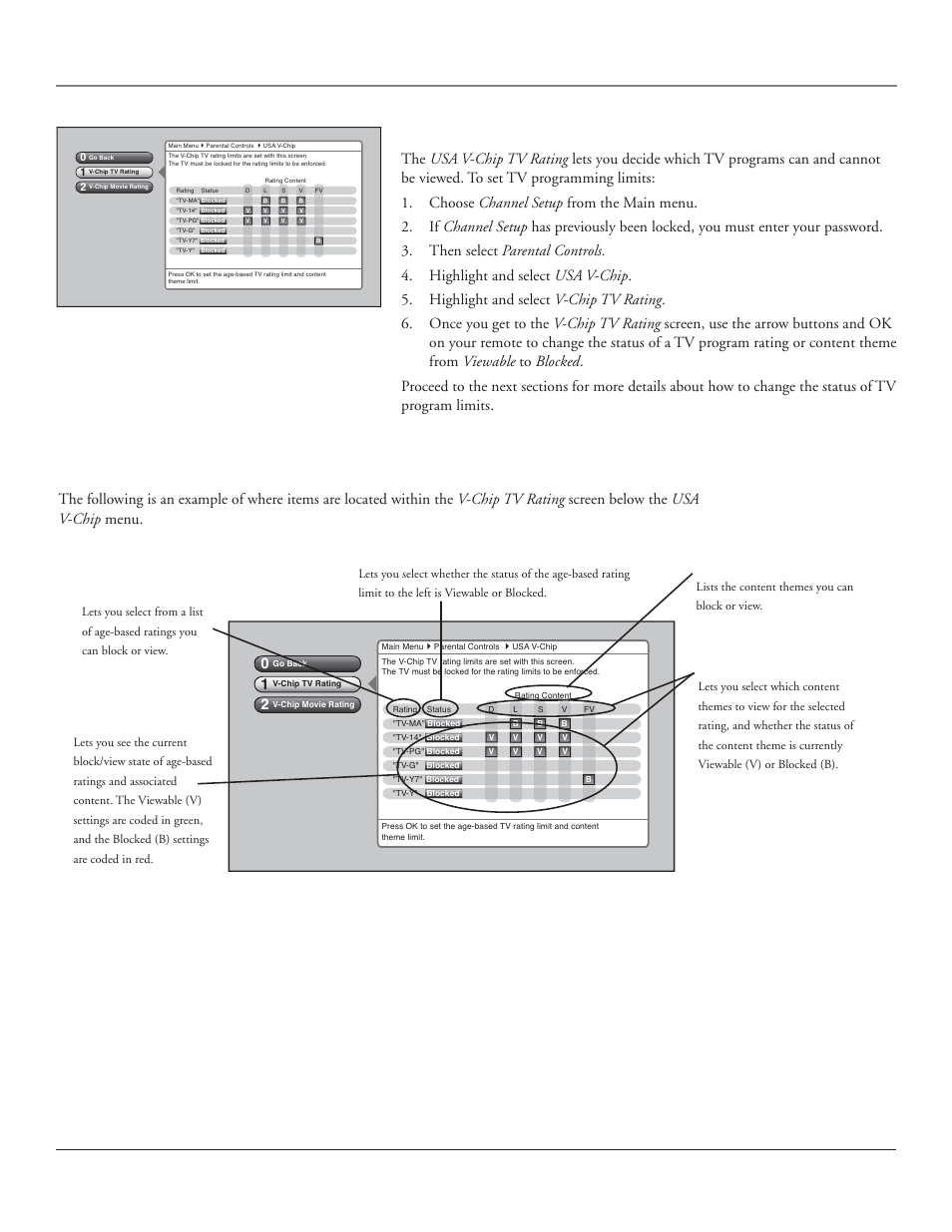 Using the tv’s features, Usa v-chip tv ratings, Chapter 3 41 | Usa v-chip rating limit screen, Rating settings area, Rating field, Rating status field, Content themes, Content status fields | RCA HDLP50 User Manual | Page 43 / 80