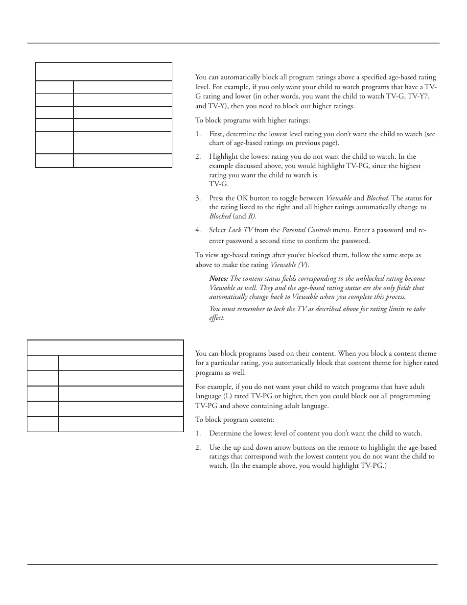 Using the tv’s features, 42 chapter 3, Blocking age-based ratings | Blocking specifi c content themes | RCA HDLP50 User Manual | Page 44 / 80