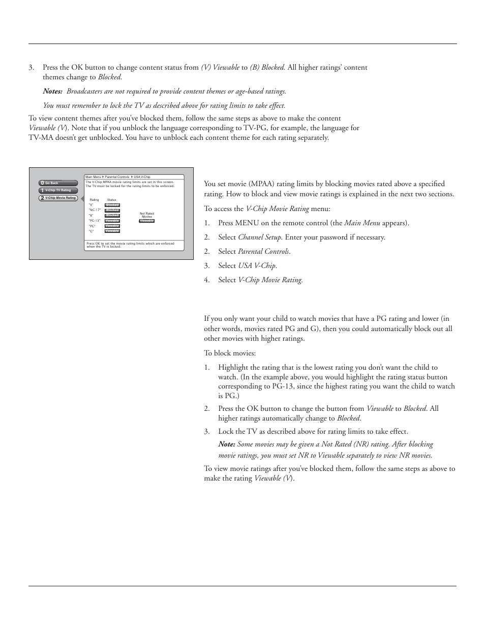 Using the tv’s features, Chapter 3 43, V-chip movie rating limit | Blocking movie ratings | RCA HDLP50 User Manual | Page 45 / 80