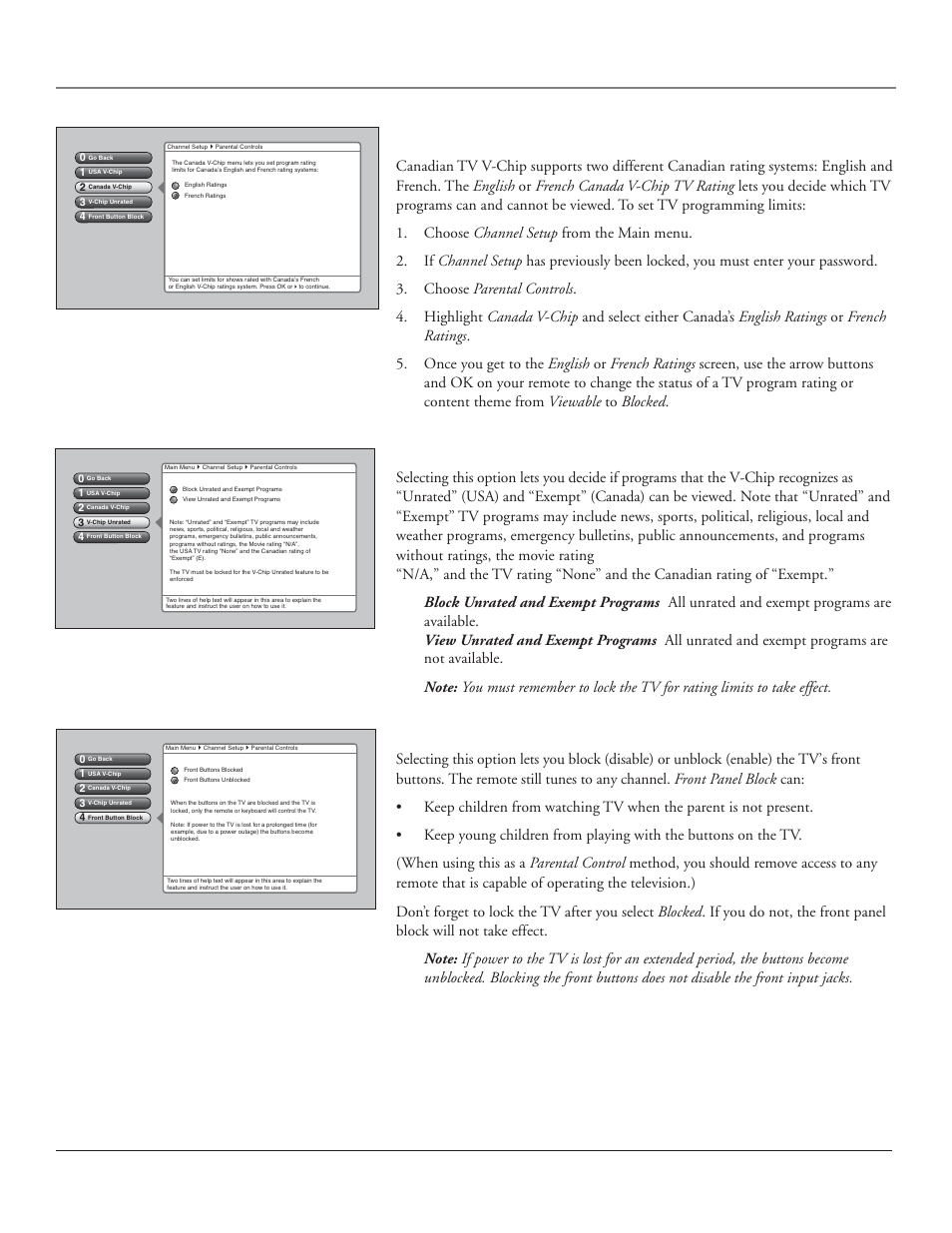 Using the tv’s features, Canada v-chip, 44 chapter 3 | V-chip unrated program block, Front button block | RCA HDLP50 User Manual | Page 46 / 80