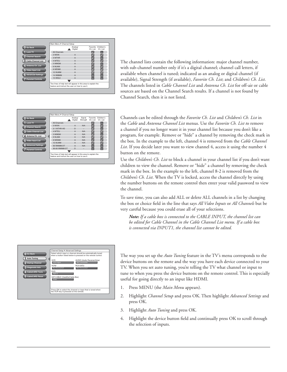 Using the tv’s features, Channel lists, Auto tuning feature | Chapter 3 45, Editing channels in the channel lists, Continues on next page, Cable channel list menu. antenna channel list menu | RCA HDLP50 User Manual | Page 47 / 80