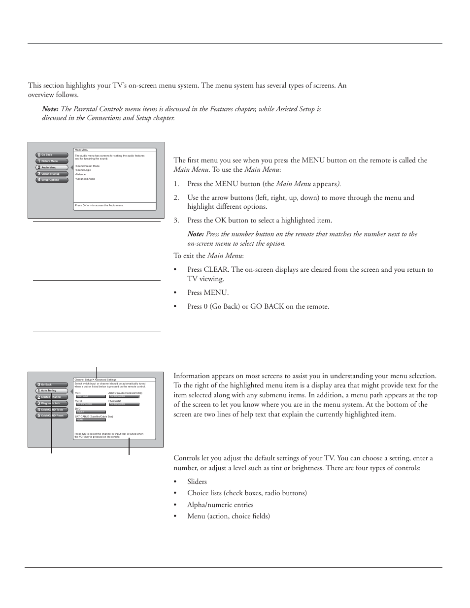 Using the tv’s menu system, Menus, on-screen help, and control panels, Navigating the menu system | On-screen help, Controls, 48 chapter 4, Tips, Menu path help text highlighted menu selection | RCA HDLP50 User Manual | Page 50 / 80