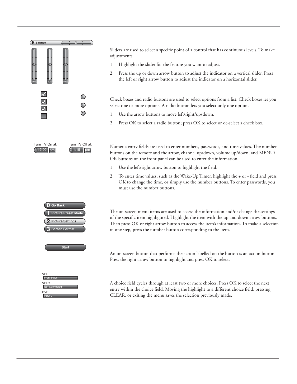 Using the tv’s menu system, Chapter 4 49, Sliders | Choice lists, Numeric entries, On-screen menu items, Action buttons, Choice fields | RCA HDLP50 User Manual | Page 51 / 80