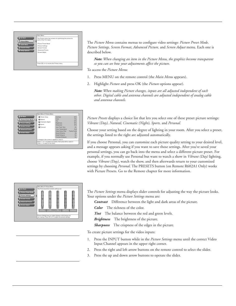 Using the tv’s menu system picture menu, Picture preset mode, Picture settings | 50 chapter 4 | RCA HDLP50 User Manual | Page 52 / 80