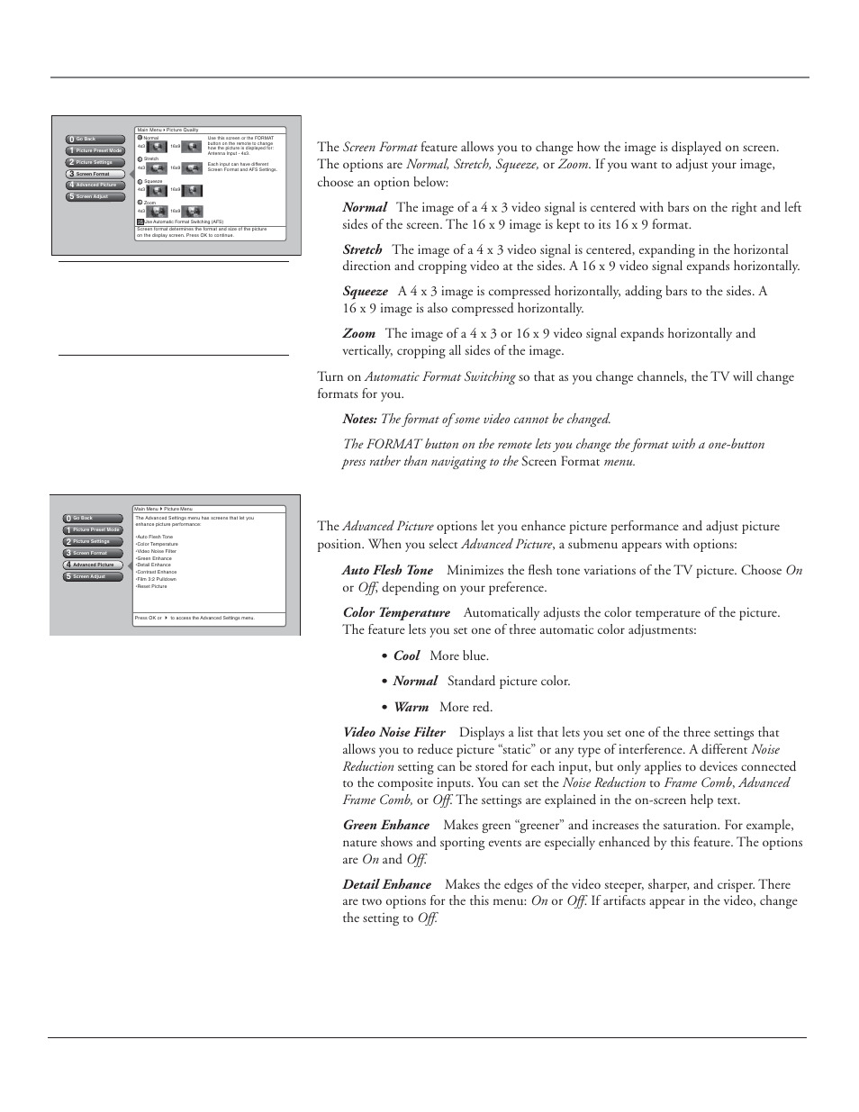 Using the tv’s menu system, Screen format, Advanced picture menu | Chapter 4 51 | RCA HDLP50 User Manual | Page 53 / 80