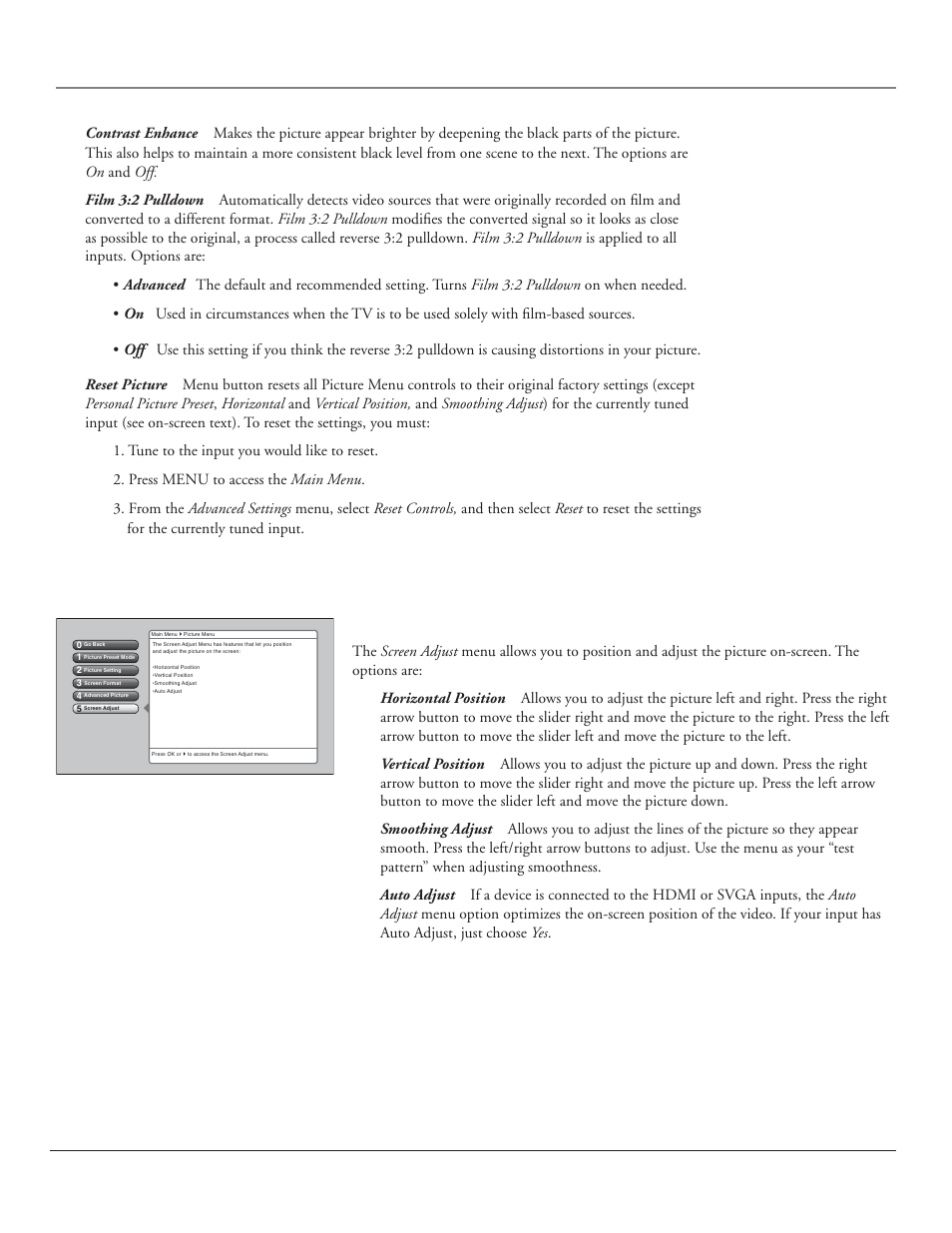 Using the tv’s menu system, Screen adjust menu, 52 chapter 4 | RCA HDLP50 User Manual | Page 54 / 80
