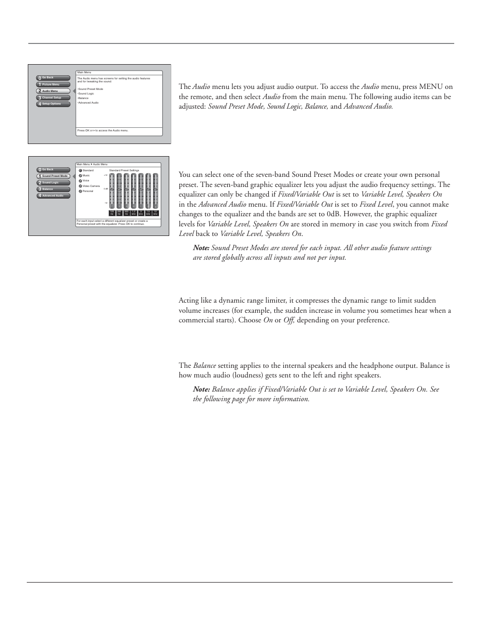 Using the tv’s menu system audio menu, Sound preset mode, Sound logic | Balance, Chapter 4 53 | RCA HDLP50 User Manual | Page 55 / 80