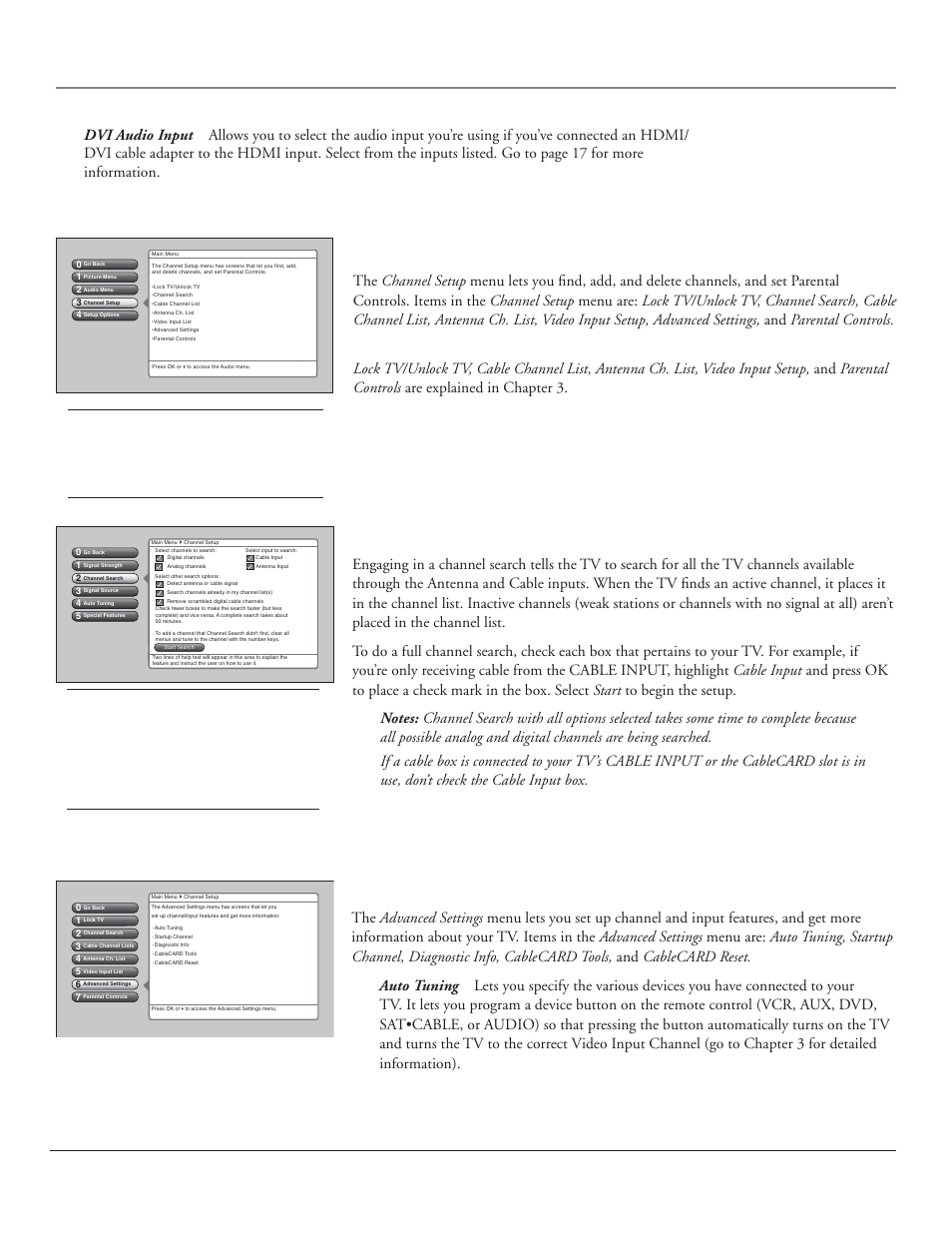 Using the tv’s menu system, Channel setup menu, Channel search | Advanced settings, 56 chapter 4 | RCA HDLP50 User Manual | Page 58 / 80