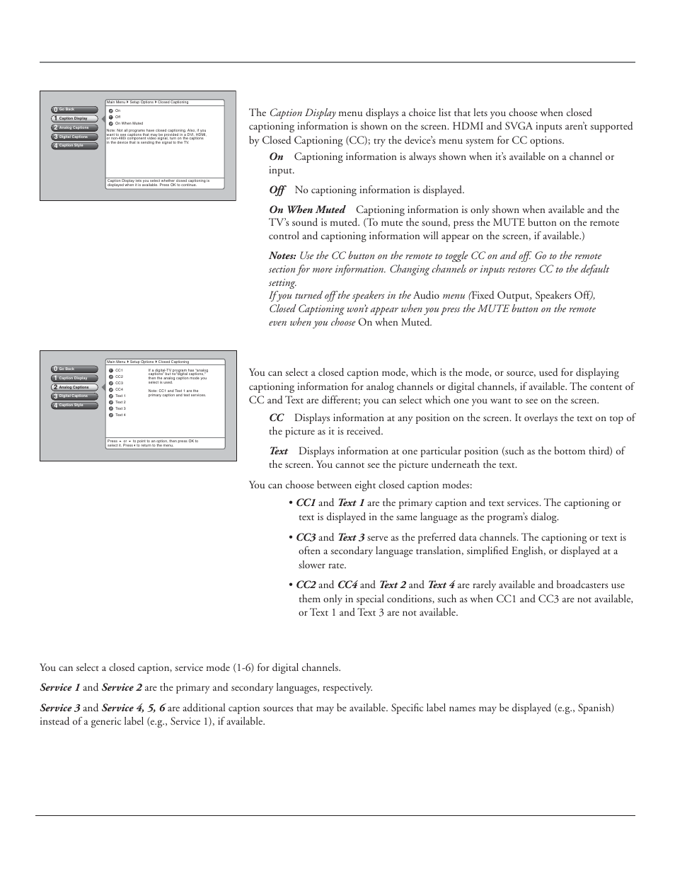 Using the tv’s menu system, 58 chapter 4, Caption display | Analog captions, Digital captions | RCA HDLP50 User Manual | Page 60 / 80