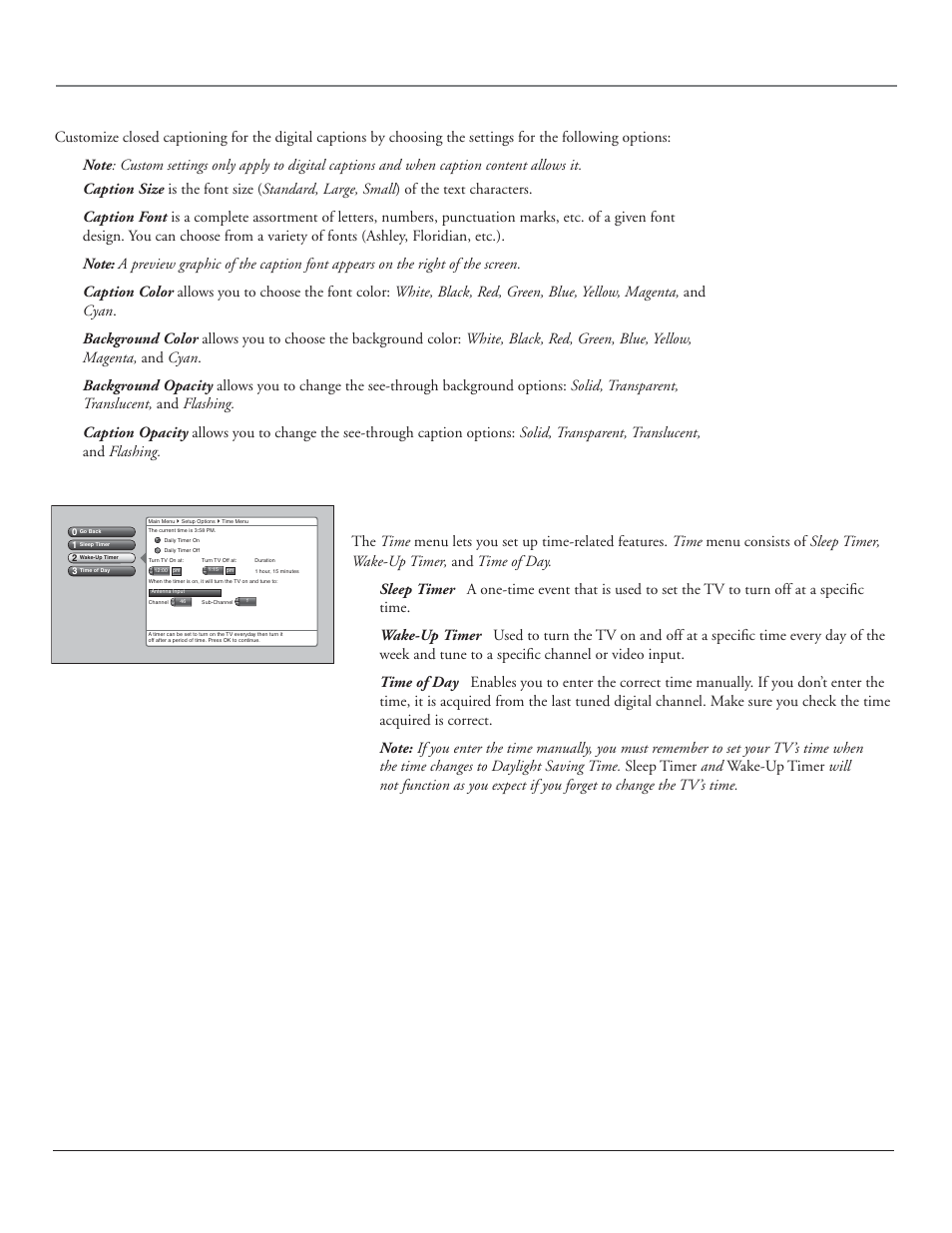 Using the tv’s menu system, Time menu, Chapter 4 59 | Caption style | RCA HDLP50 User Manual | Page 61 / 80