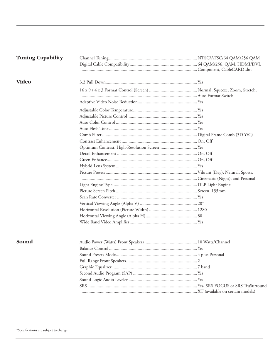 Other information, Hdtv specifi cations | RCA HDLP50 User Manual | Page 72 / 80