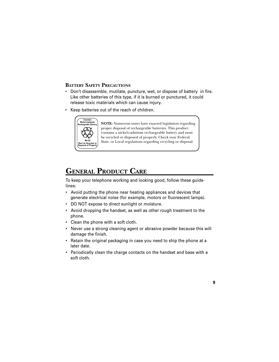 Battery safety precautions, General product care, Eneral | Roduct | RCA 2-9680 User Manual | Page 11 / 18
