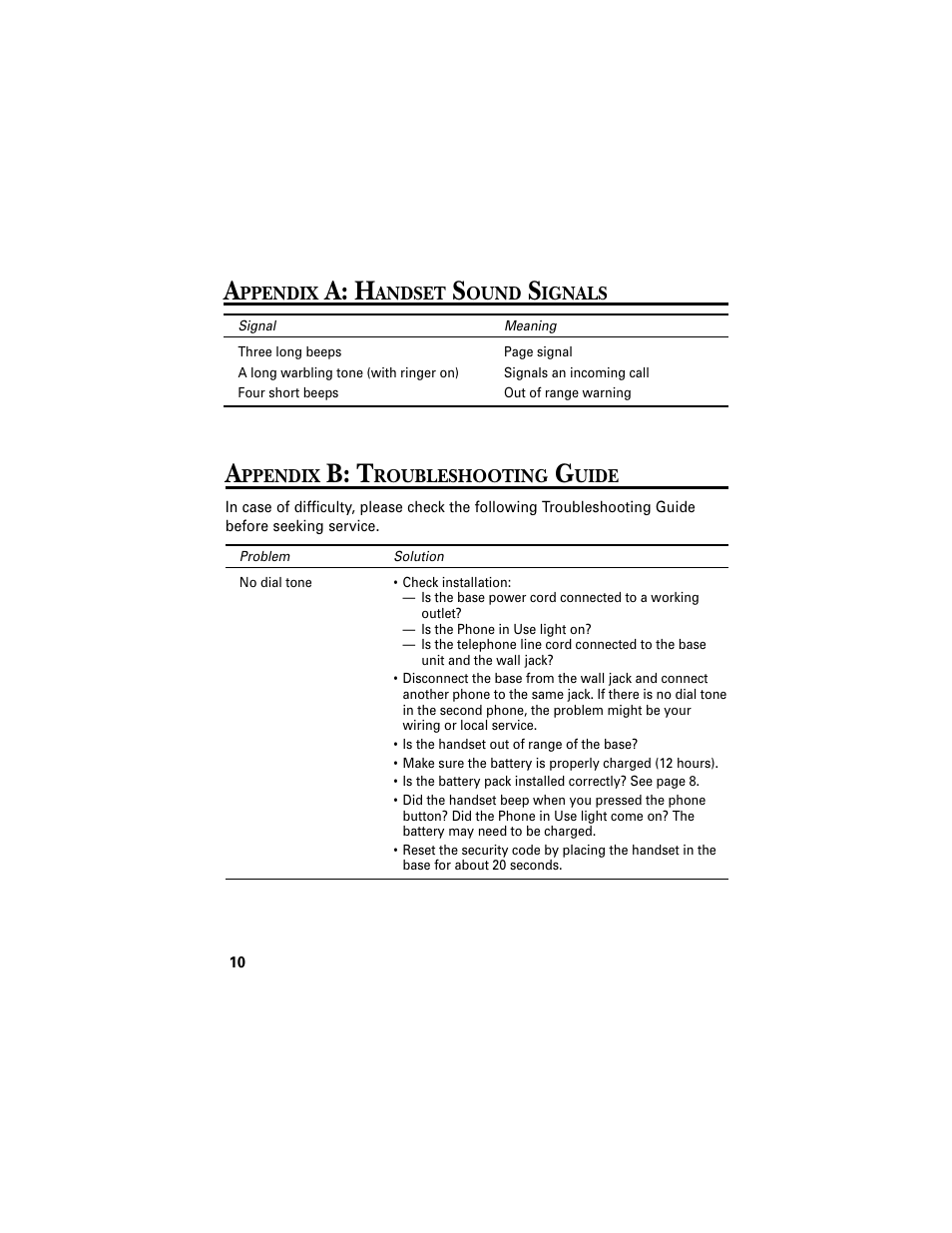 Appendix a: handset sound signals, Appendix b: troubleshooting guide, A: h | B: t | RCA 2-9680 User Manual | Page 12 / 18