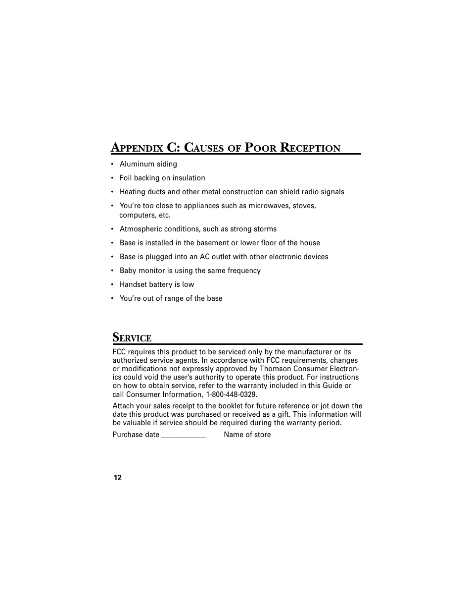 Appendix c: causes of poor reception, Service, C: c | RCA 2-9680 User Manual | Page 14 / 18